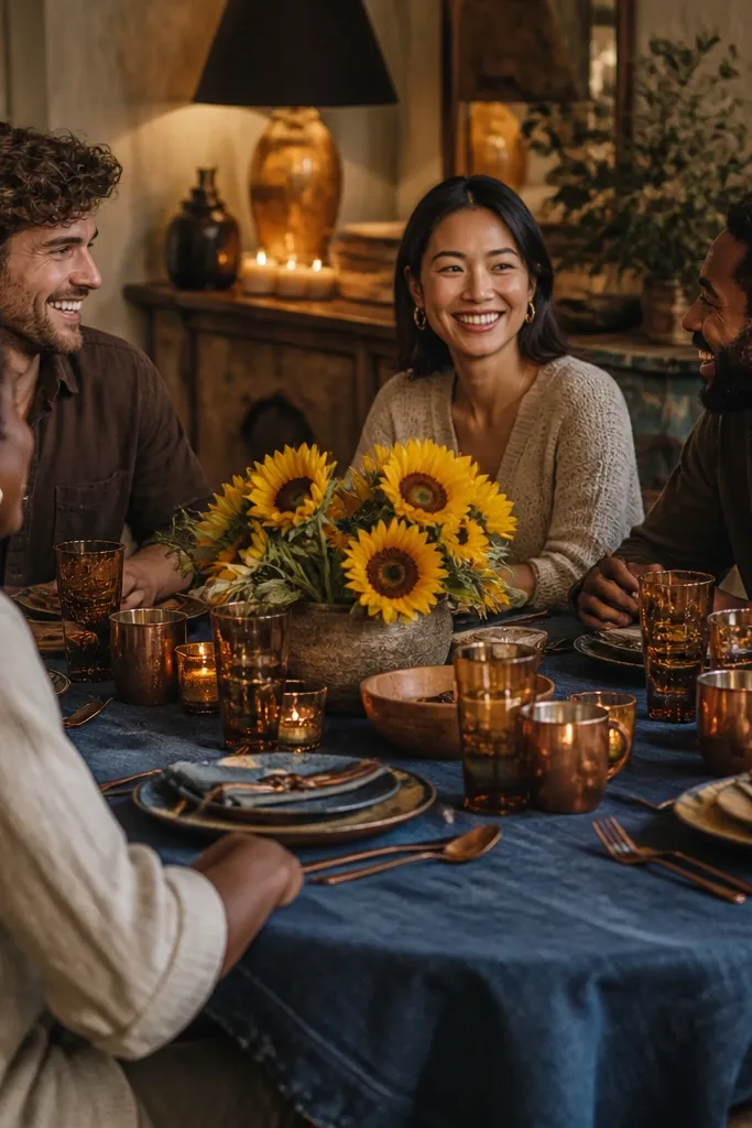 Indigo denim tablecloth with copper cutlery and a sunflower centerpiece