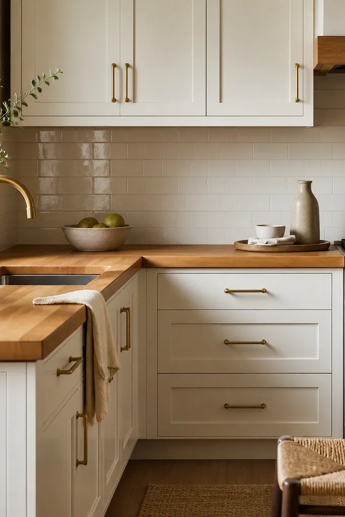 A kitchen with warm-white shaker cabinets, simple brushed brass bar pulls, and a thick golden butcher block countertop. The backsplash is a soft off-white subway tile, and the sink faucet is brushed brass. A small tray sits near the stove with a neutral dish towel.