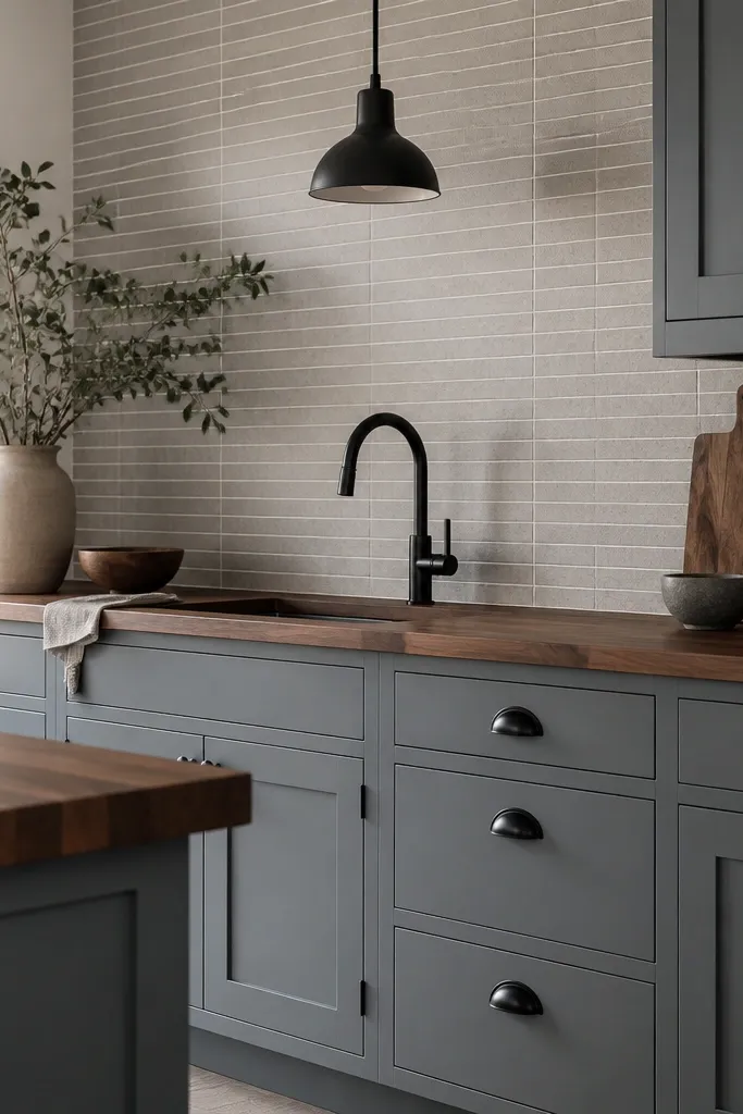 Gray-blue painted cabinets with shaker doors, matte black cup pulls, and a walnut-toned butcher block countertop. The backsplash is light gray tile with thin white grout lines. A matte black faucet and a black pendant light hang above the counter.