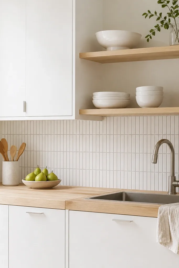Bright white cabinets with minimal hardware, a natural butcher block countertop with visible pale blonde grain, and a stainless faucet. Two open shelves show white bowls and a wooden cutting board. The backsplash is clean white with thin gray lines.