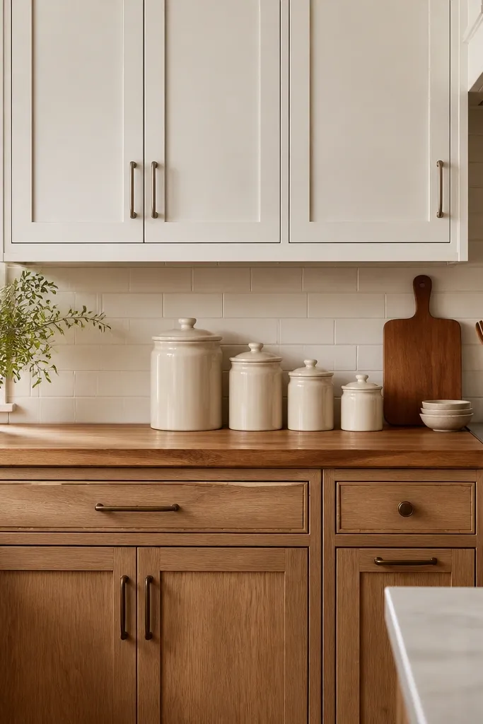 A kitchen with white upper cabinets and warm-toned lower cabinets (painted or stained), plus a thick butcher block countertop. The hardware is mixed but coordinated: brushed nickel on uppers and bronze on lowers. A cream ceramic canister set sits on the counter.