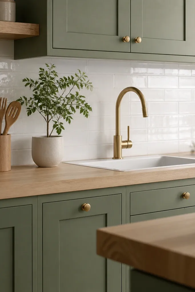 Matte sage green cabinets with simple brass knobs, a light butcher block countertop, and a white tile backsplash. The countertop has a wooden utensil holder and a small plant in a ceramic pot. The sink faucet is also brass.