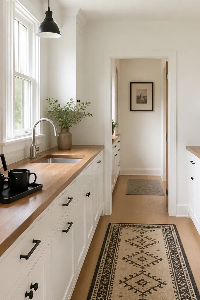 Classic white cabinets and white walls, a butcher block countertop with a satin oil finish, and a black-and-white patterned runner on the floor. Hardware is black. A black coffee mug set sits on the counter near the window.