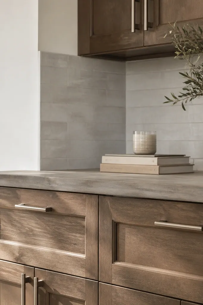 Stained cabinets with a neutral brown tone, a butcher block countertop that reads slightly gray, brushed nickel pulls, and a light gray backsplash. The countertop has a couple of stacked books and a neutral candle.