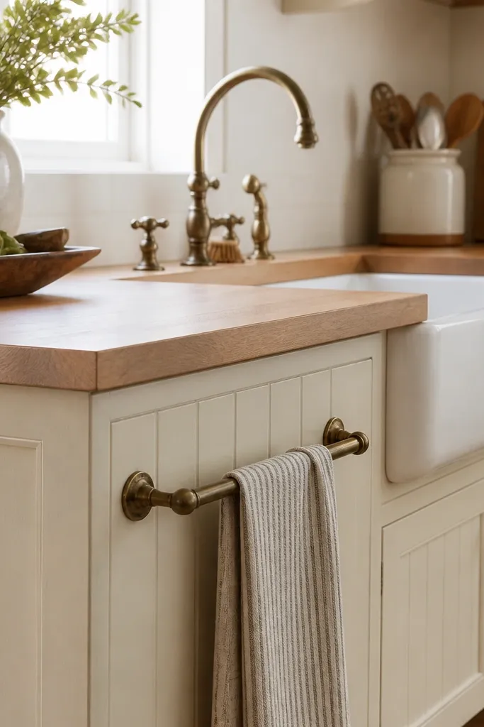 Cream cabinets with beadboard-style details, a thick butcher block countertop, a white farmhouse apron sink, and a brass towel rail mounted on the cabinet side. The hardware is aged bronze.