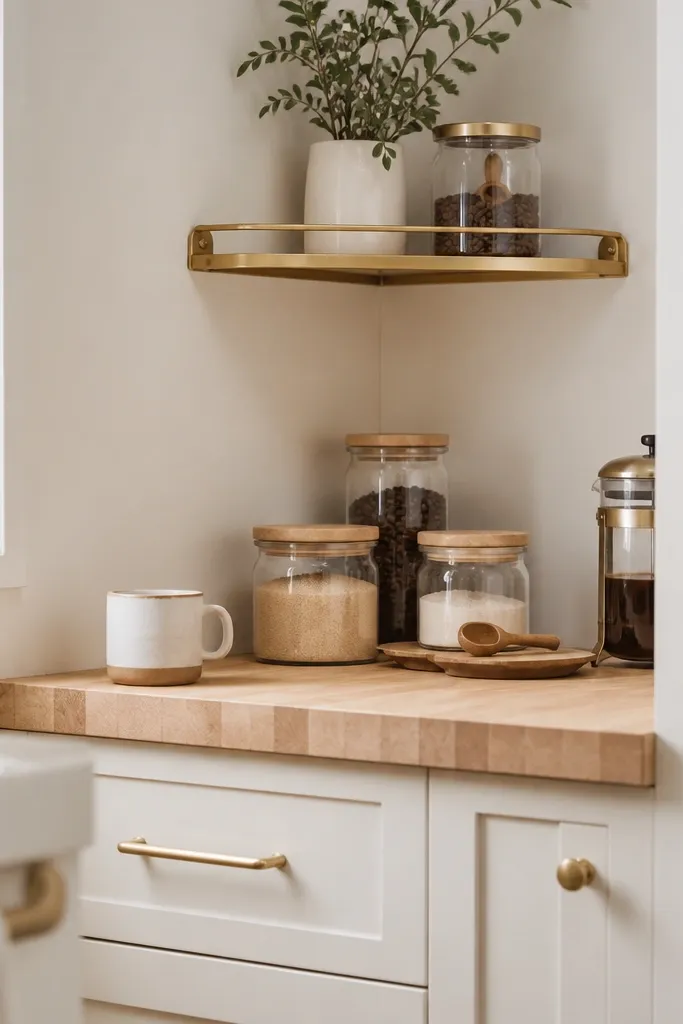 Shaker cabinets in warm white, butcher block countertop with a small brass corner shelf above it, and a coffee station set with glass jars and a wooden scoop. Hardware is brushed brass.