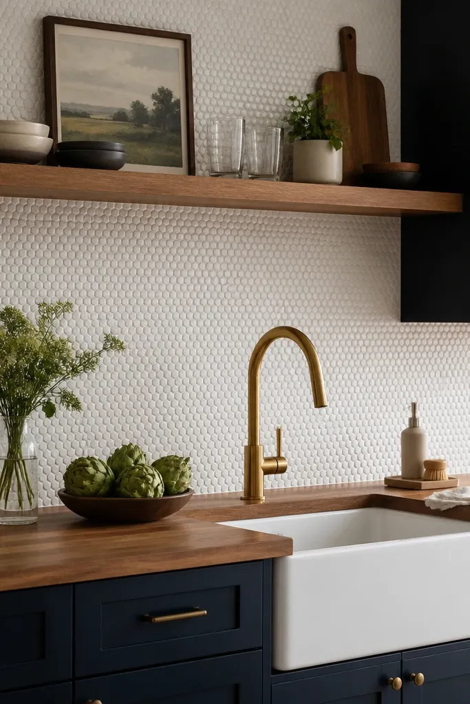 Dark navy cabinets with simple hardware, a butcher block countertop, and a white penny tile backsplash. The backsplash grout is bright white. A brass faucet stands out near the sink.