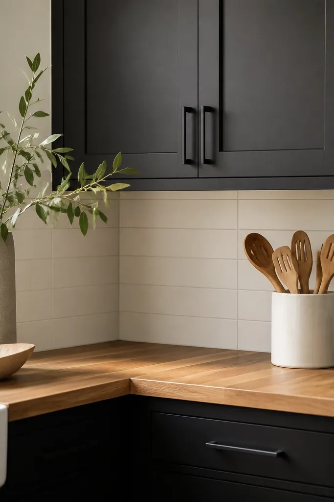 Matte black cabinets, a butcher block countertop, and a white ceramic utensil crock. Hardware is matte black matching the cabinets. The backsplash is light white with simple lines.