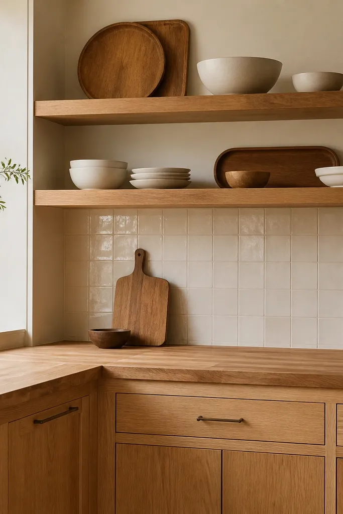 Light oak cabinets with warm undertones, a butcher block countertop, and oak floating shelves above. The backsplash is cream. The shelves hold matching wooden trays and white bowls.