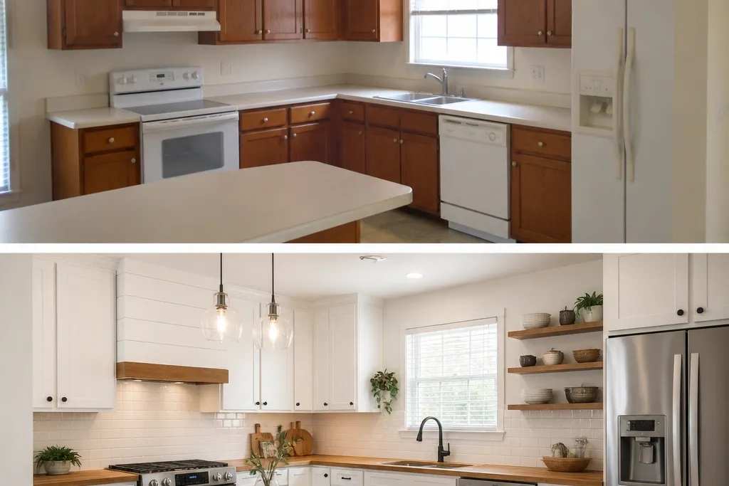 Before and after cabinets with butcher block countertops