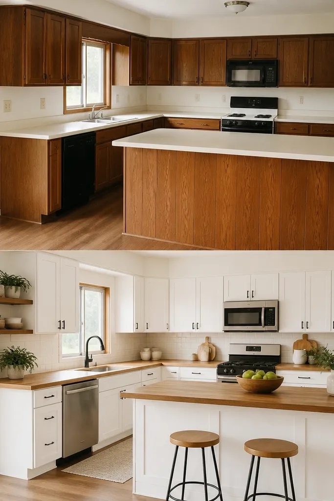 Before and after cabinets with butcher block countertops