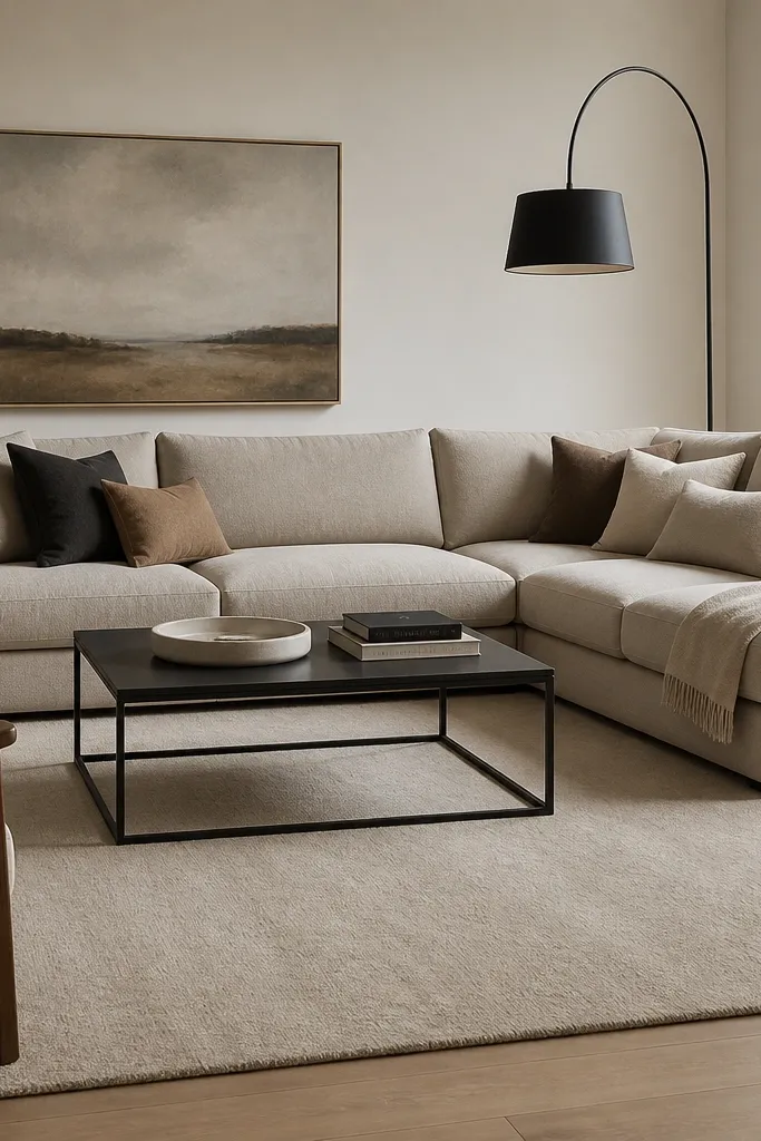 A living room with a light warm greige L shape sofa. A large warm greige area rug covers most of the seating area. A black metal coffee table sits centered, with a white ceramic tray and a small stack of books on top. Behind the sofa corner, a tall black floor lamp reaches up into the open space.