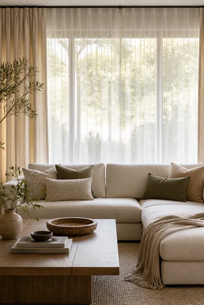 An L shape sofa sits in front of a window wall. Curtains hang from a rod placed high above the window, reaching near the floor. The sofa chaise faces a coffee table. A sheer white panel sits behind thicker linen curtains in warm cream. A tall plant in a woven pot stands near the sofa corner.