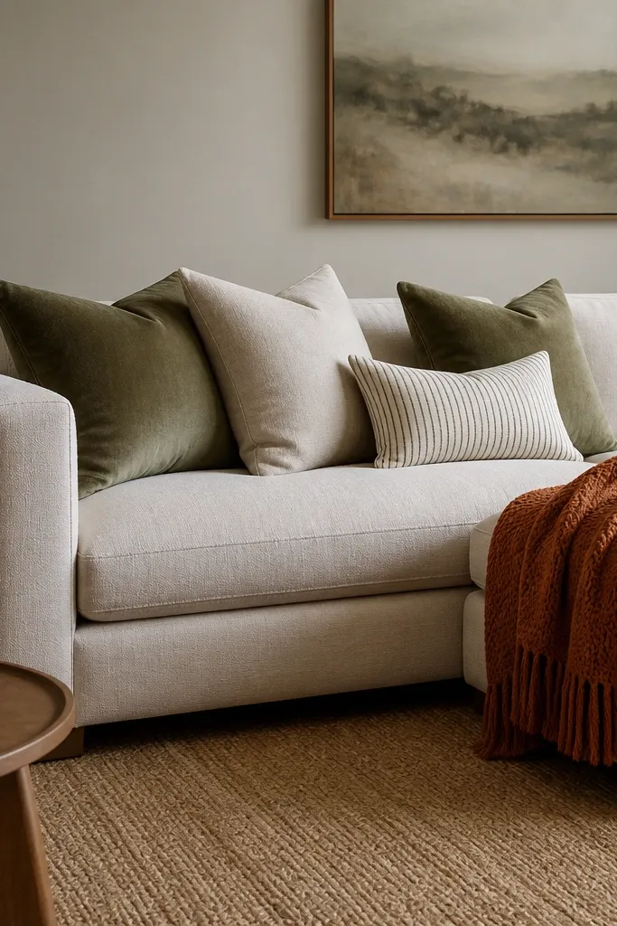 The left arm of a light fabric L shape sofa is visible with a chaise extending right. The cushions show two pillow colors: deep olive and oatmeal, with one small striped accent. A knit throw in rust is draped over the chaise arm. No clutter on the seat cushions.