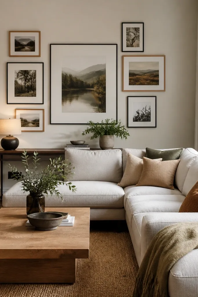 A gallery wall is placed on the wall behind the L shape sofa corner. Frames are a mix of matte black and natural wood. The layout is staggered, with a larger central print aligned to the sofa's back height. A narrow console table sits below with a small lamp.