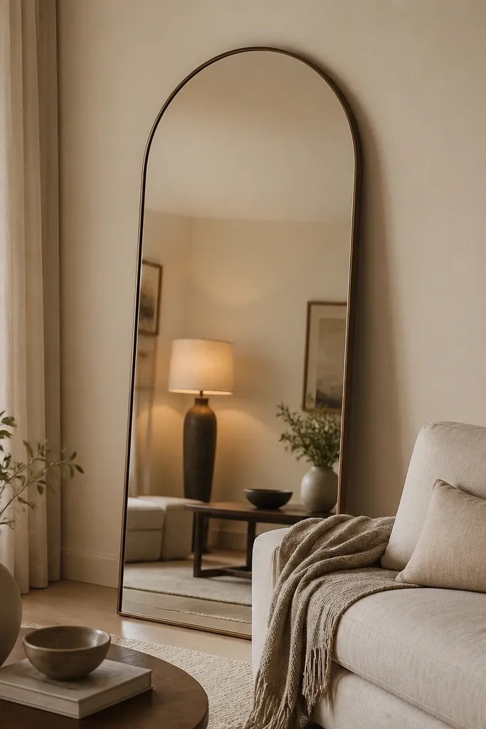 A large arched mirror leans against the wall near the sofa corner. The mirror is tall enough to reach close to the ceiling. The room has warm lighting, and the reflection shows part of the coffee table and lamp. The sofa is light-colored with a neutral throw.