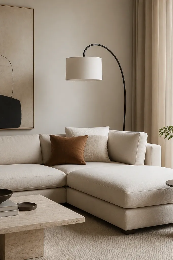 A sculptural floor lamp stands near the corner where the L shape sofa turns. The lamp has a curved black stem and a white drum shade. A small round side table sits near the chaise, with a ceramic vase and a single stem plant.