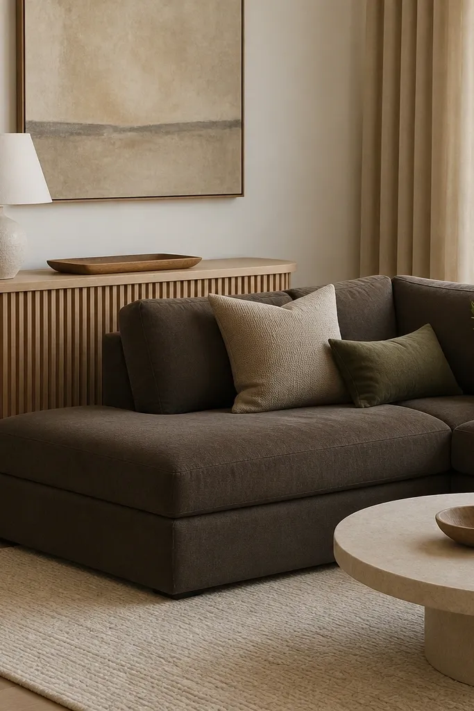 A wood slat console table sits behind the sofa corner against the wall. It's light oak with a simple top. A small table lamp and a tray sit on it. The sofa is a muted charcoal or taupe, and the rug is light with subtle texture.
