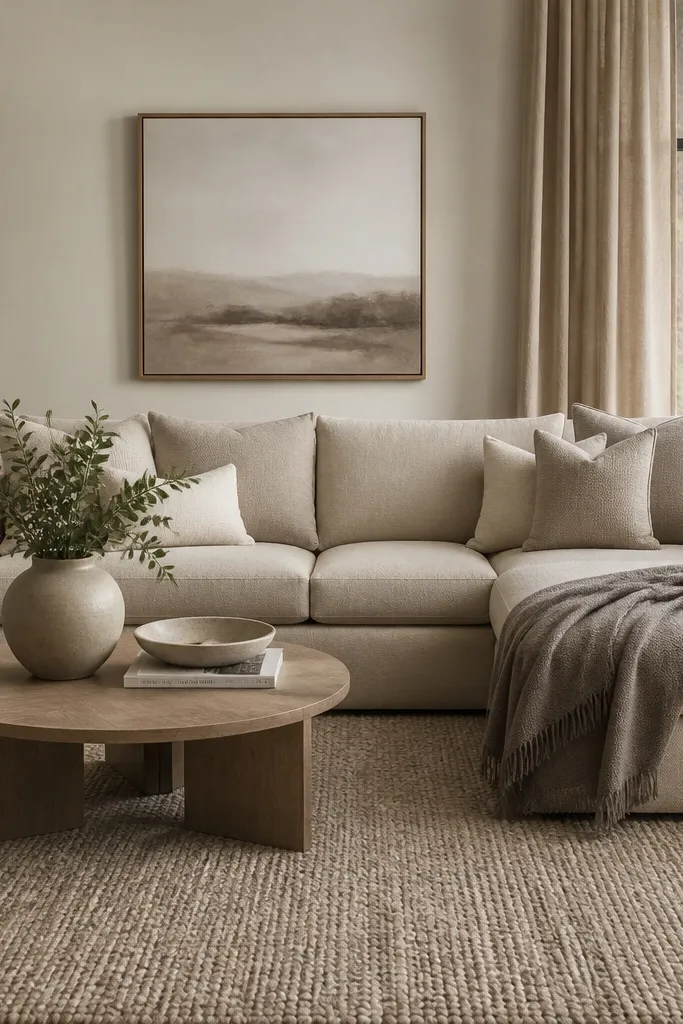 An L shape sofa in a medium neutral sits on a textured rug in the same color family. A monochrome throw in a slightly darker shade is draped over the chaise. Pillows match the palette: cream, sand, and taupe. There's one small woven basket near the side table.