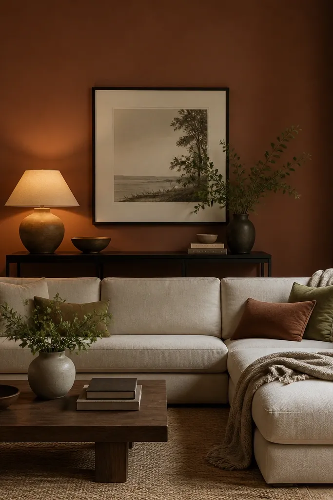 A living room with a neutral L shape sofa. The wall behind the sofa is painted a deep muted color, like terracotta-leaning clay or deep olive. A large framed print hangs above a small console. Warm table lamps light the space.