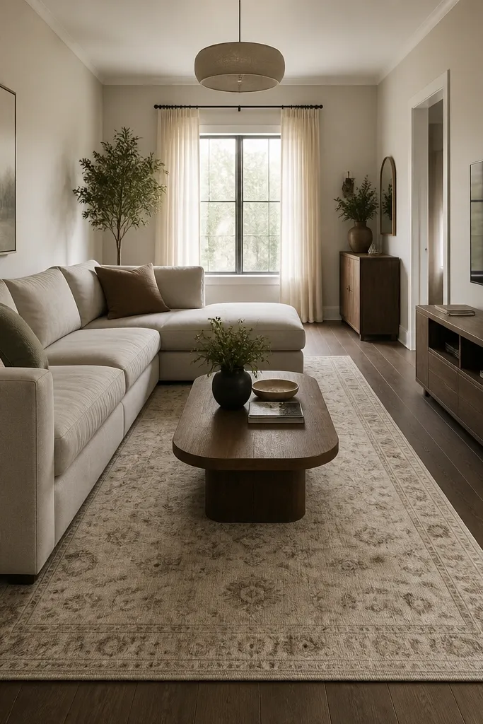 A long narrow living room with an L shape sofa. The rug is placed so its pattern runs lengthwise toward the back wall. The coffee table sits centered on the rug, and the chaise side has more open floor space. Furniture edges look aligned with the rug border.