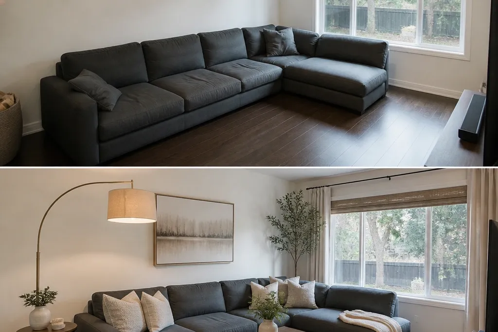 Before and after l shape sofa living room transformation