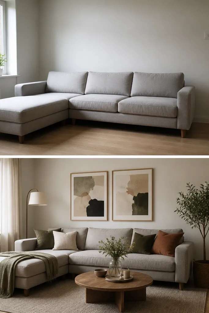 Before and after l shape sofa living room transformation