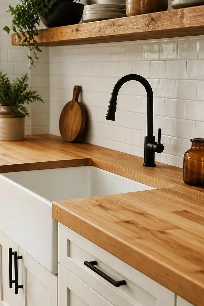 A kitchen with light honey butcher block counters, visible wood grain, a white subway tile backsplash, and matte black cabinet pulls. A black gooseneck faucet sits over a white farmhouse sink; two amber glass jars sit on the counter.