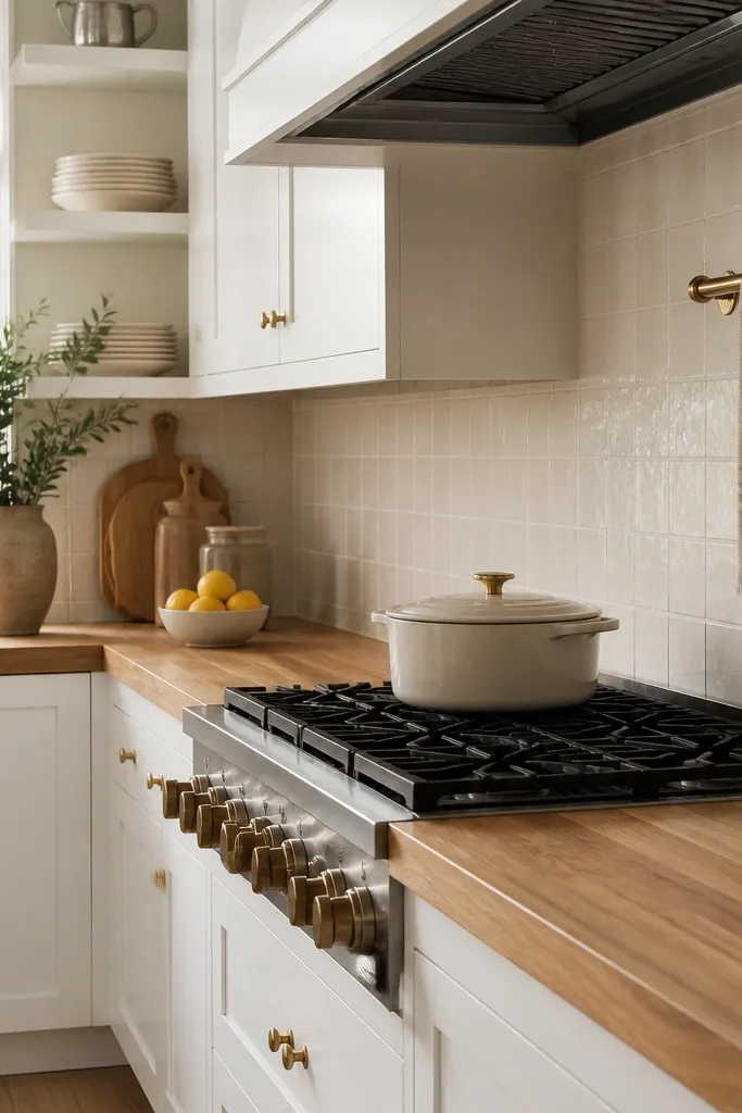 Butcher block countertops in their natural color with a light, matte sheen. Creamy off-white tile backsplash, white cabinets, and a brass towel bar. A small bowl of lemons sits near the stove.