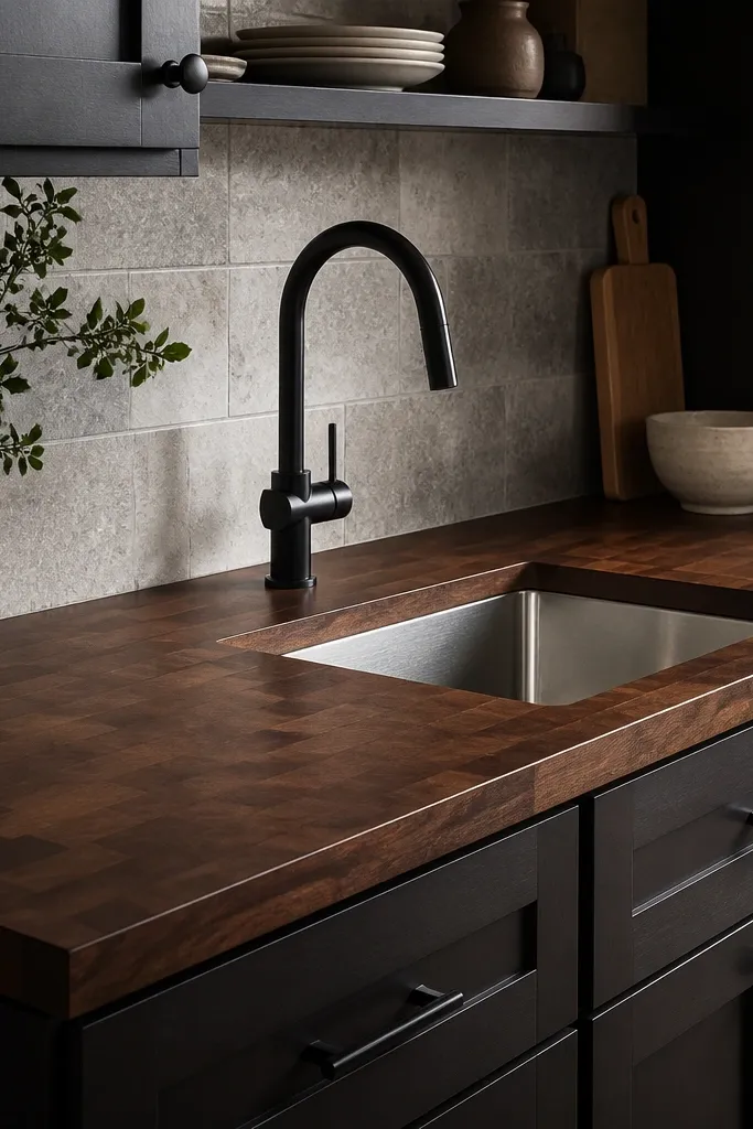Deep walnut-stained butcher block countertops with a smooth satin finish. Dark espresso cabinets, black hardware, and a light gray stone backsplash. A stainless sink and a matte black faucet.