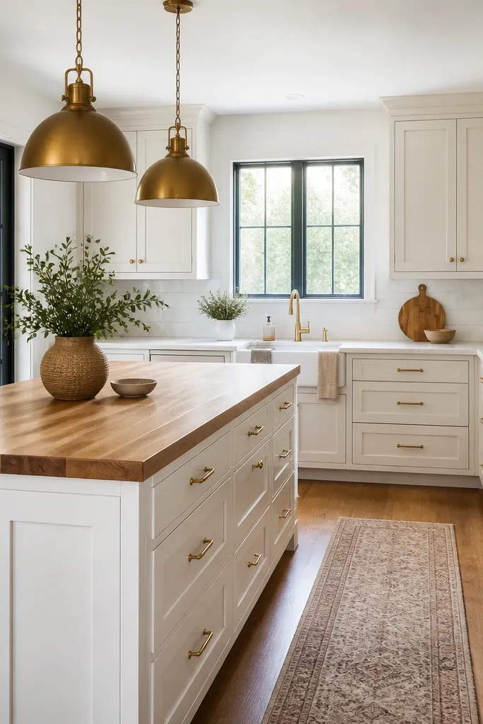 A kitchen island with butcher block top and white base cabinets. The perimeter countertops are white quartz. Brass pendant lights hang above; a runner rug lies near the island.