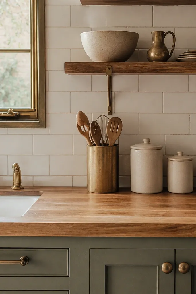 Butcher block countertops paired with warm white subway tile backsplash and aged brass fixtures. A brass-framed window, a brass utensil crock, and a small stack of ceramic canisters sit on the counter.