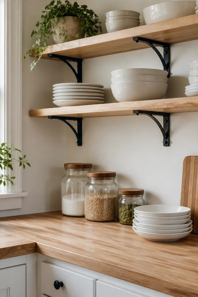 Butcher block countertops with light oak open shelves above. White dishes, a wood cutting board, and a few glass jars are arranged neatly. Dark metal brackets hold the shelves.