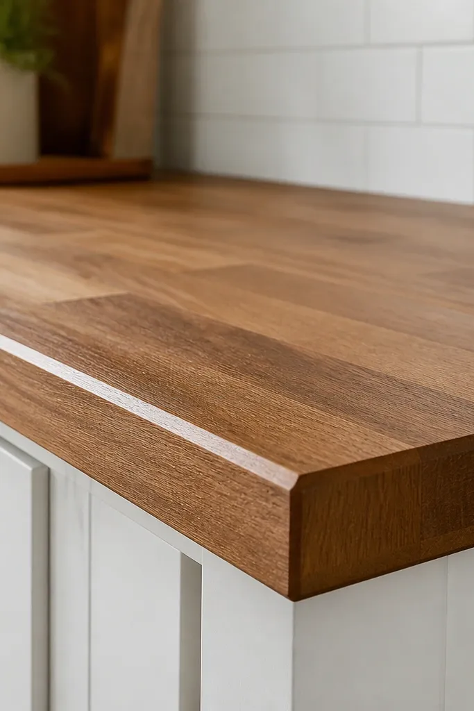 Close-up view of butcher block countertop edges with a shallow routed bevel. The surface has a satin sheen; white cabinets and a clean backsplash line show the edge profile clearly.