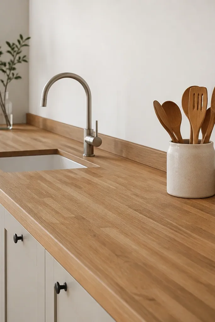 A continuous butcher block run that includes a small backsplash rail at the back edge. White walls, a minimalist faucet, and a wooden spoon crock sit along the rail.