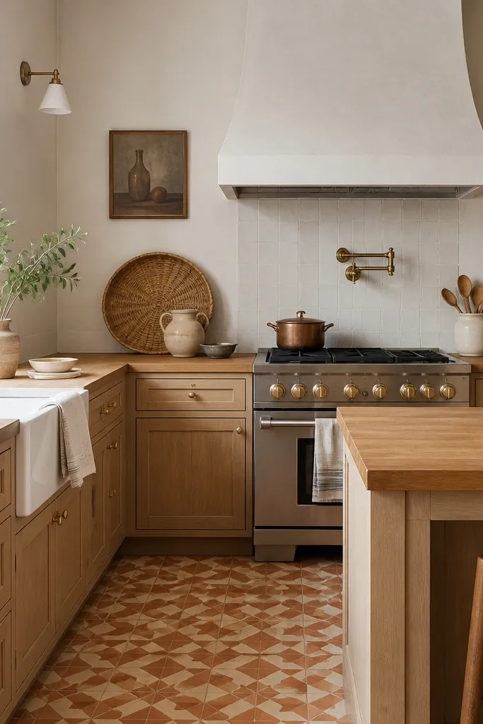 Butcher block counters with a warm-toned patterned tile floor in terracotta and cream. A white stove hood, woven baskets, and a ceramic utensil holder sit on the counter.