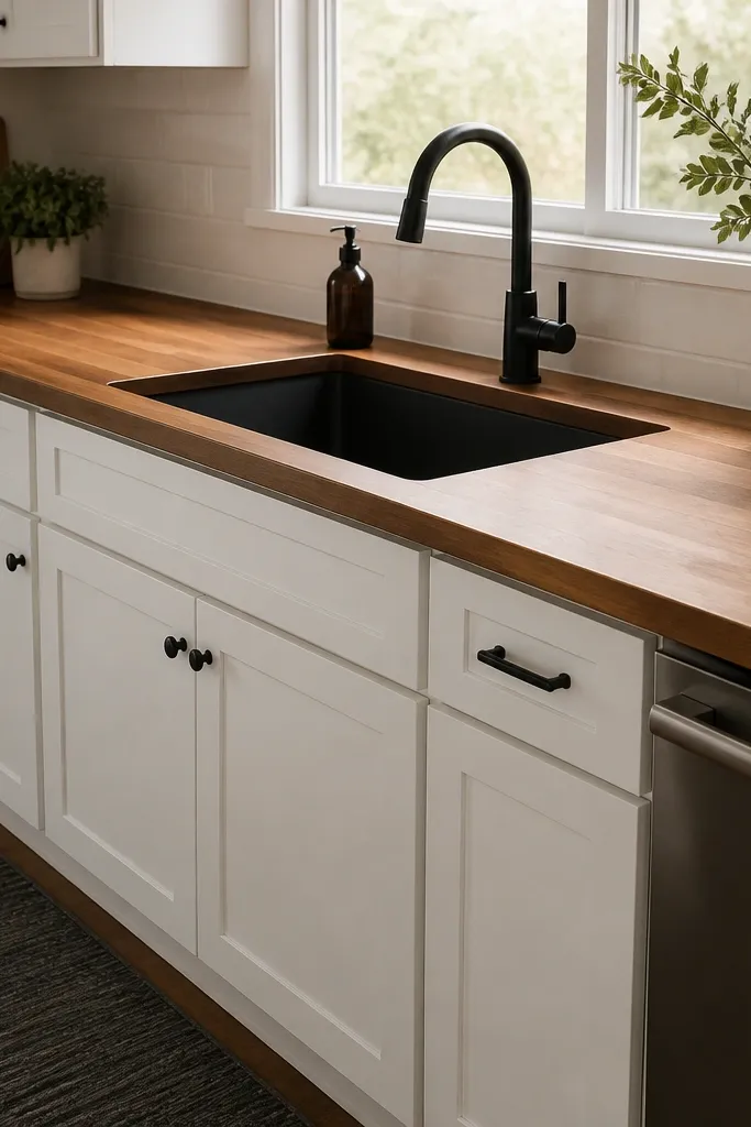 Butcher block countertops with a matte black undermount sink and matte black faucet. White shaker cabinets and a dark gray runner rug in front of the sink.