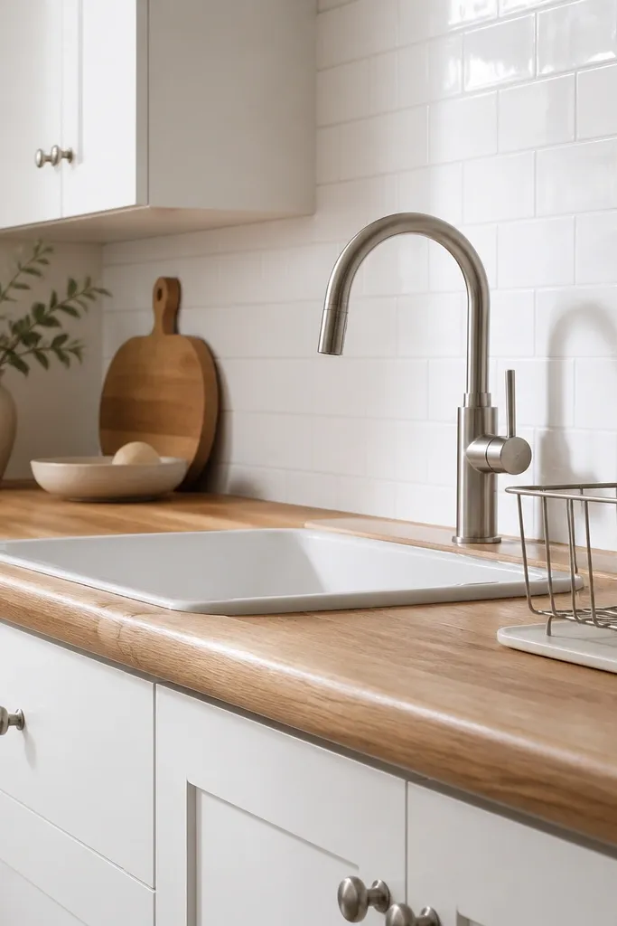 White shaker cabinets with butcher block counters and a rolled front edge. The backsplash is white, the faucet is brushed nickel, and a small drying rack sits on the counter.
