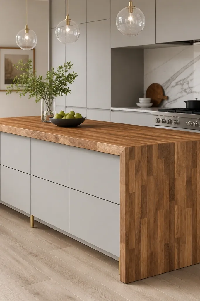 A large kitchen island with butcher block waterfall sides that drop from the countertop to the floor. Light gray cabinets, brass legs, and three pendant lights above.