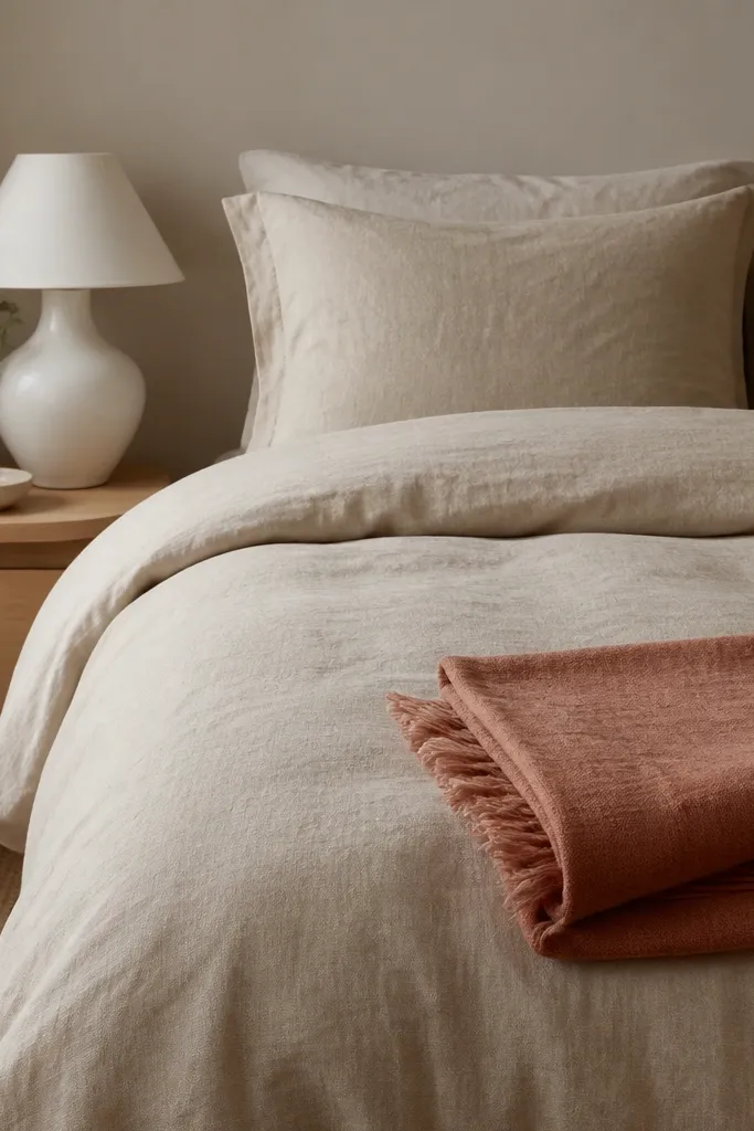 A bed styled with oat-beige linen duvet and matching pillowcases, one folded throw in dusty terracotta at the foot, and a simple white ceramic bedside lamp on a light wood nightstand.