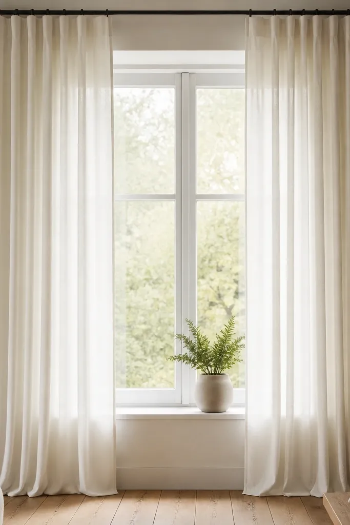 Floor-length cream curtain panels on a rod near the ceiling, minimal rings, soft daylight coming through, and a clean window sill with only one small plant in a matte pot.
