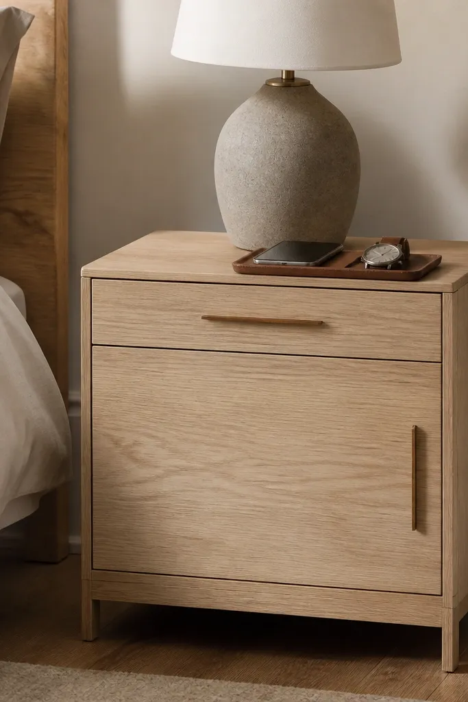 A light wood nightstand with a drawer and a closed cabinet, a lamp on top, and a small tray holding only a phone and a watch.