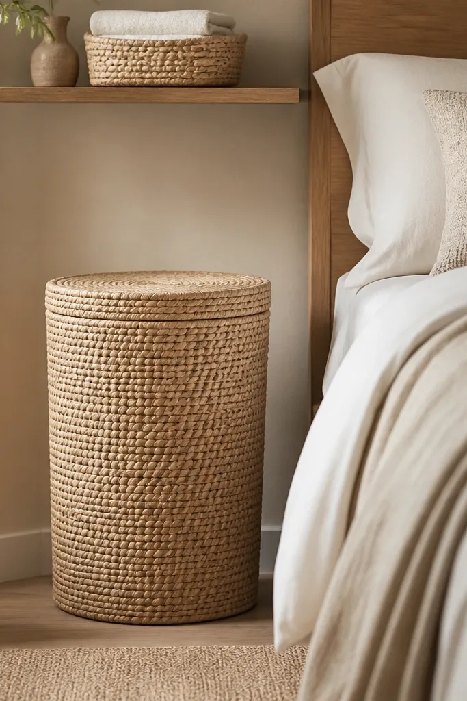 A woven laundry hamper with a fitted lid in a natural beige tone placed beside the bed, with a small matching basket for towels on the shelf above.