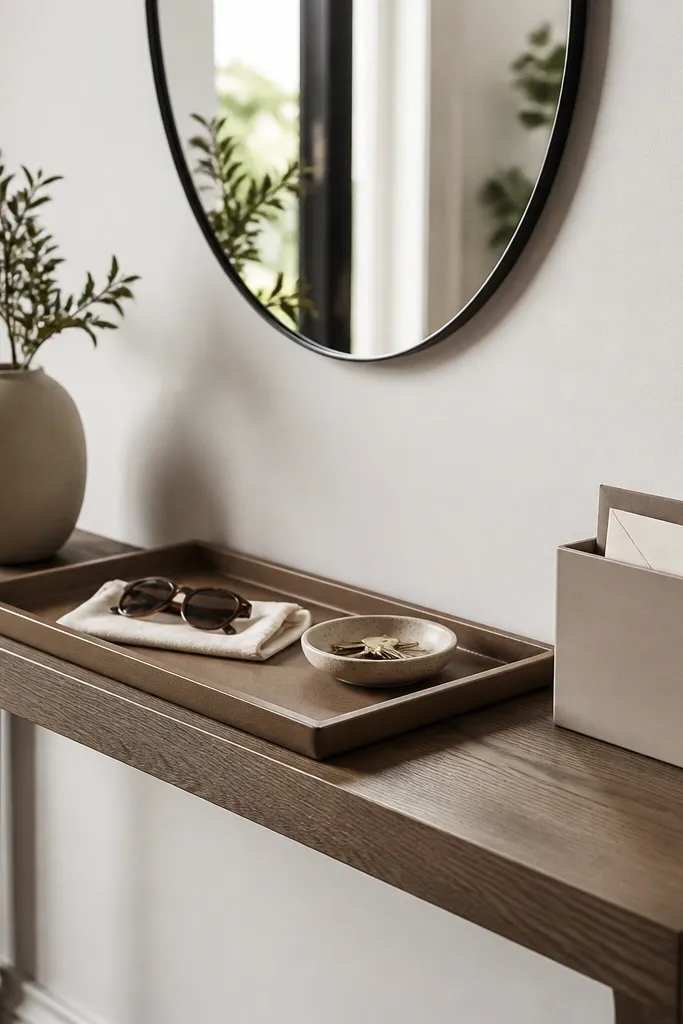 A slim entry console with a single large tray, keys in one small dish, sunglasses in a cloth pouch, and a mail organizer with a closed front.