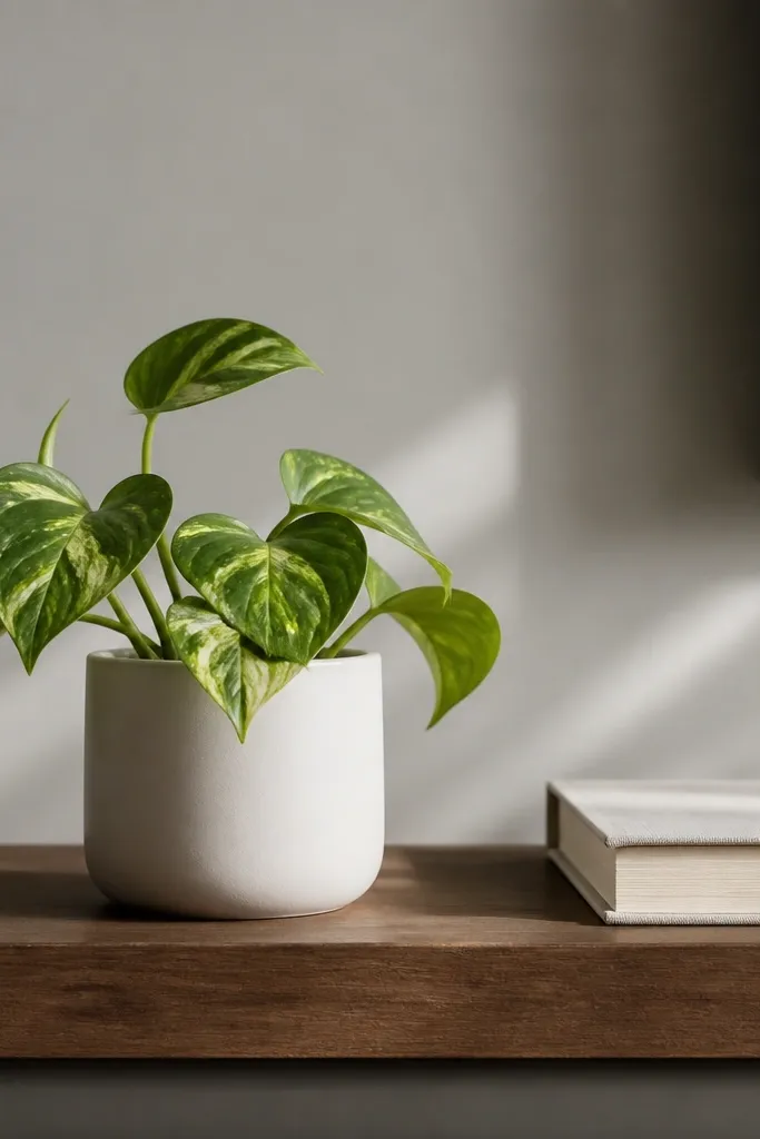 A small pothos in a matte white ceramic pot on a low shelf, with only one book stack beside it and no loose decor around the plant.