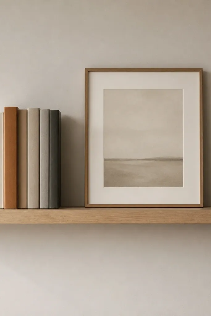 A shelf with one stack of books aligned vertically, spines facing out, and a single neutral framed print next to it; everything else is empty.
