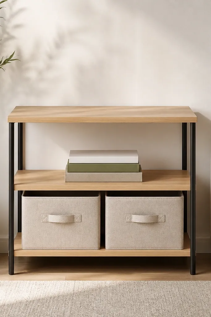 Open shelves with two matching fabric bins on the lower levels and a few books on top; no loose items on the wood surface.