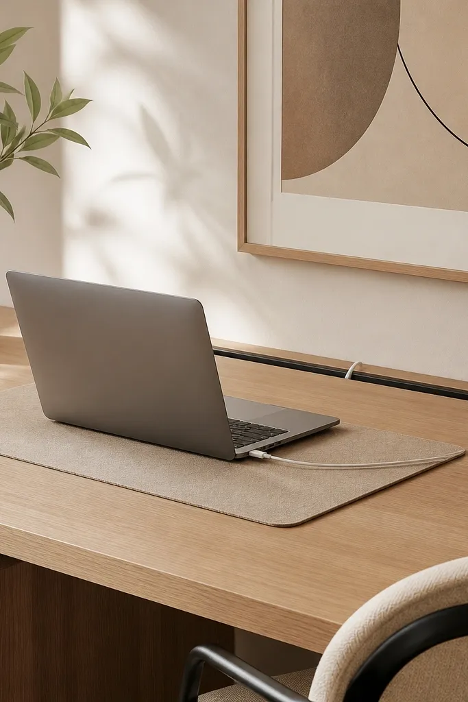 A clean desk with a laptop, one charging cable routed to the back through a cord tray, and a small desk mat in neutral beige.