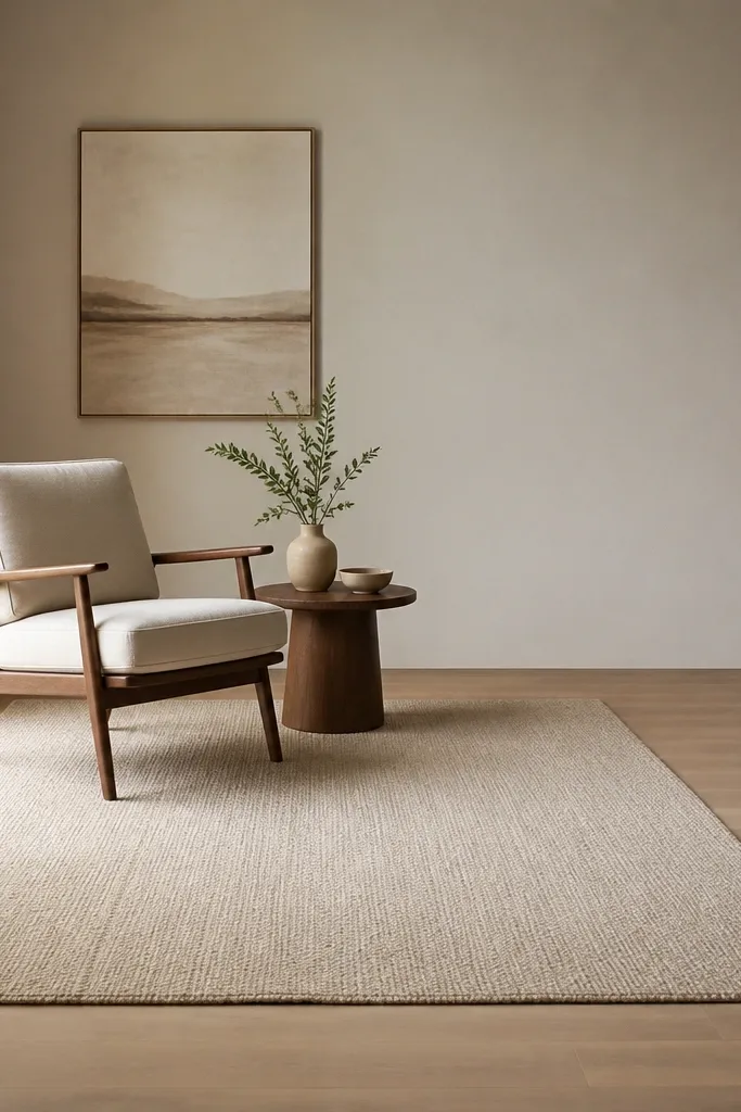 A large light beige area rug under a small chair and side table, with a simple woven texture visible; the rest of the floor stays mostly empty.