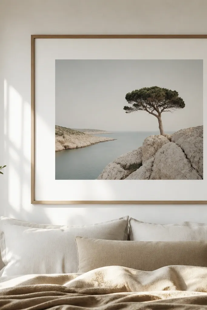 A large framed print above a sofa or bed in a light wood frame, with wide margins; no small gallery cluster nearby.